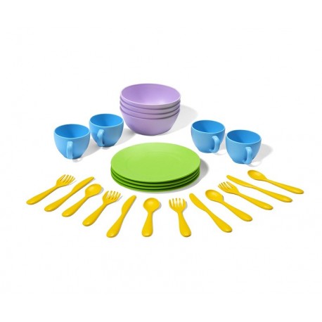 Juego de vajilla de plástico reutilizable (12 piezas) – Ideal para niños.  Platos de plástico duro, lazos y tazas en colores verdes – Cubertería y